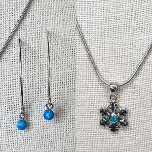 Silver 925 Simulated Fire Opal Snowflake 20" Necklace + Drop Earring Set Jewelry